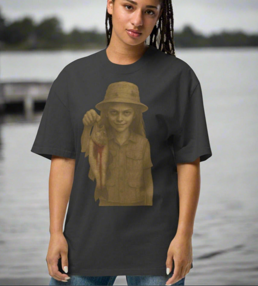 Girls wearing an EMMA dark gray t-shirt with a graphic design on a black background