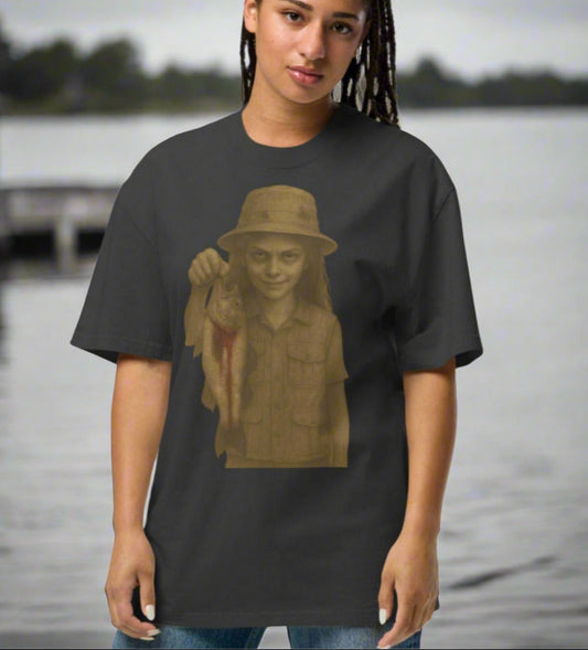 Girls wearing an EMMA dark gray t-shirt with a graphic design on a black background